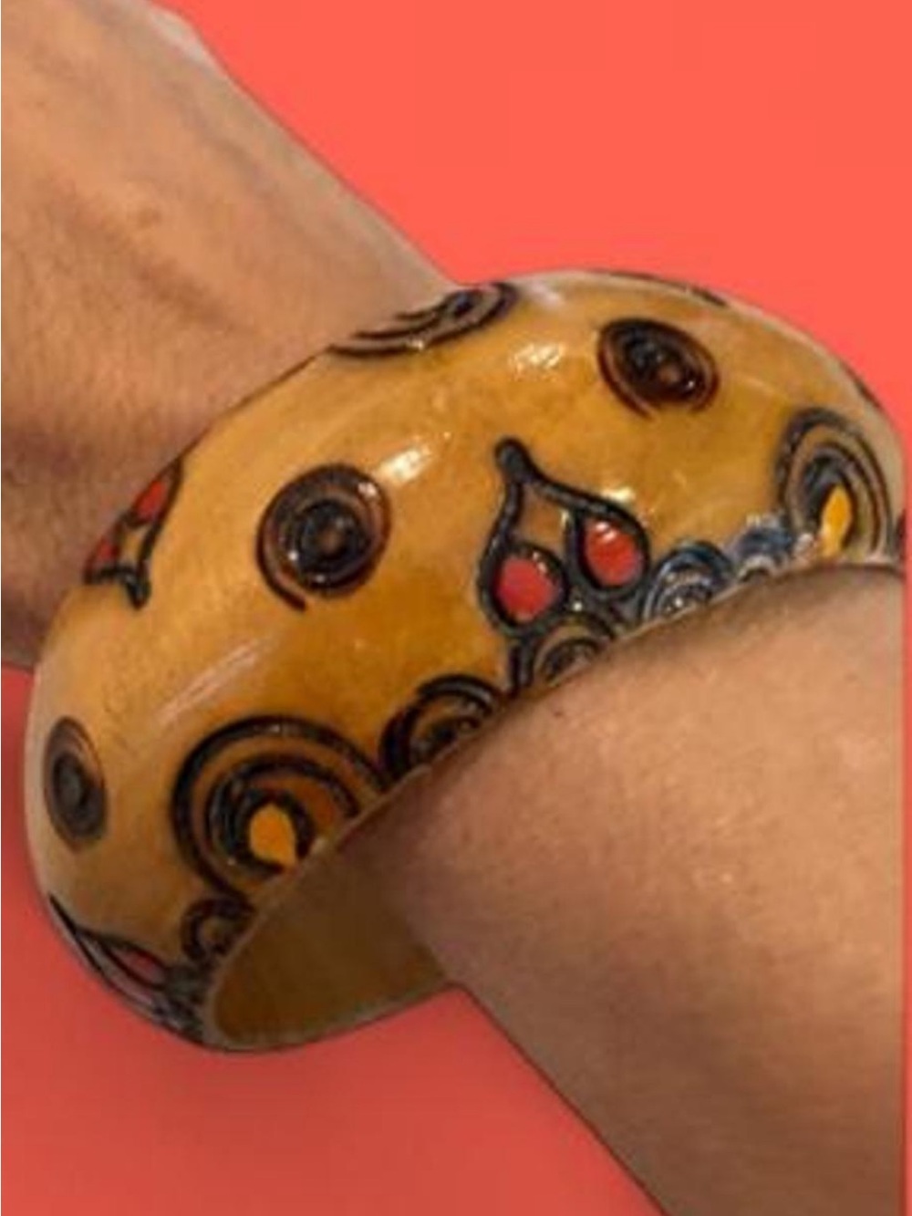 Vintage Hand Painted Wood Boho Bangle Bracelet Wide Artisan Floral
